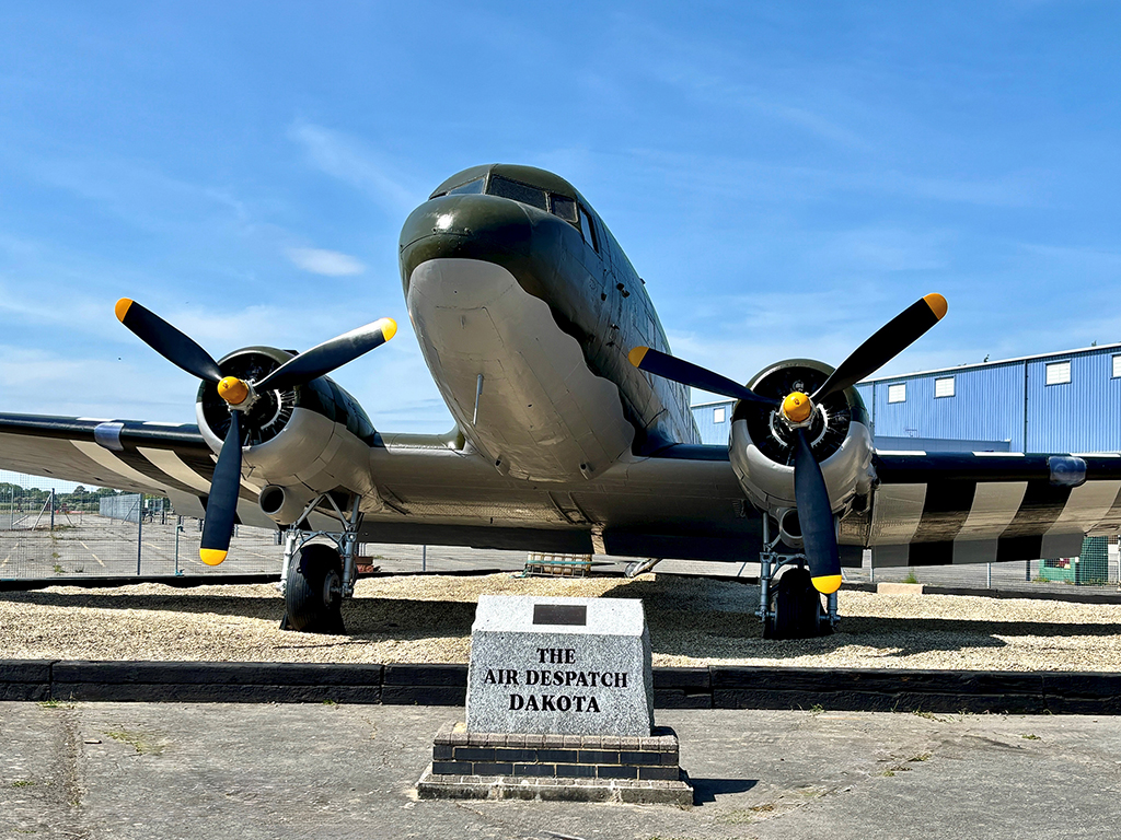 The C-47 Dakota Gate Guardian at 47 Air Dispatch sits proudly in its restored paint scheme - head-on view